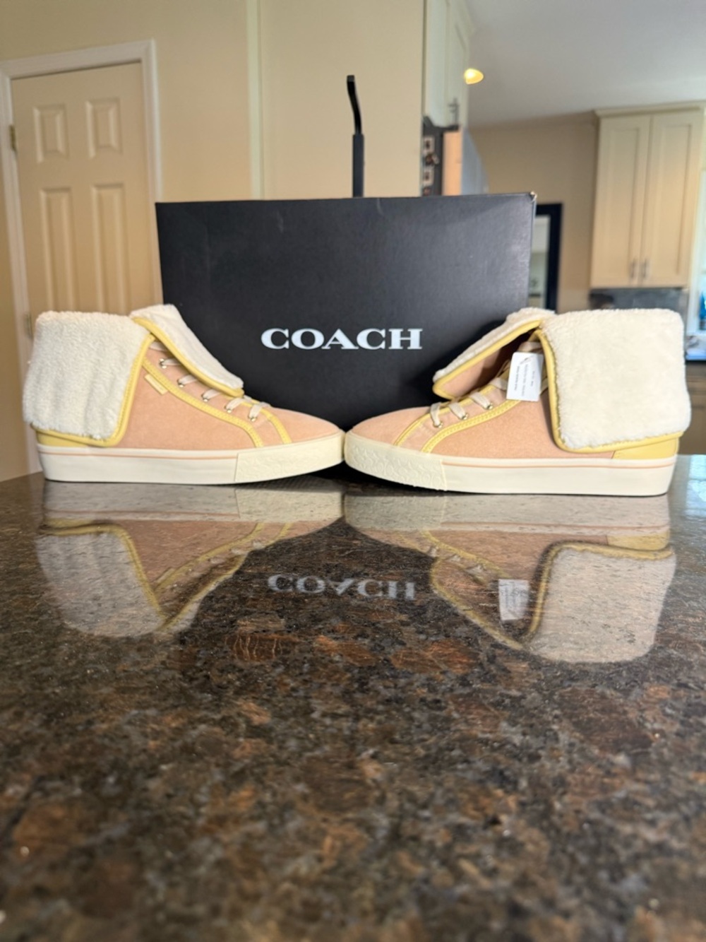 Coach City Soul Suede Fold Over Shearling Sneakers in Blush and Cream